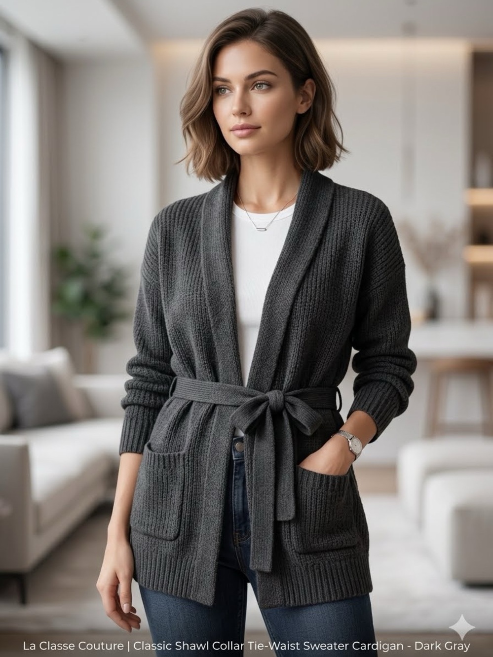 Classic Shawl Collar Tie-Waist Sweater Cardigan - Dark Gray